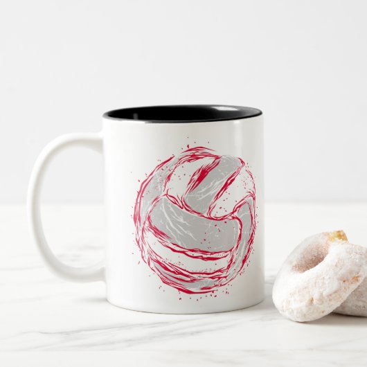 Lustiger roter grauer Volleyball-Entwurf - Zweifarbige Tasse (Mit Donut)