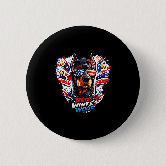 Lustiger roter weißer und Wuff Dobermann Pinscher Button (Vorderseite)