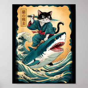 Lustiger Samurai-Katze, die auf einem Hai reitet, Poster