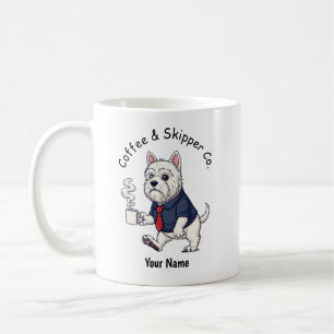 Lustiger Schipperke-Hund im Geschäftsanzug Kaffee  Kaffeetasse