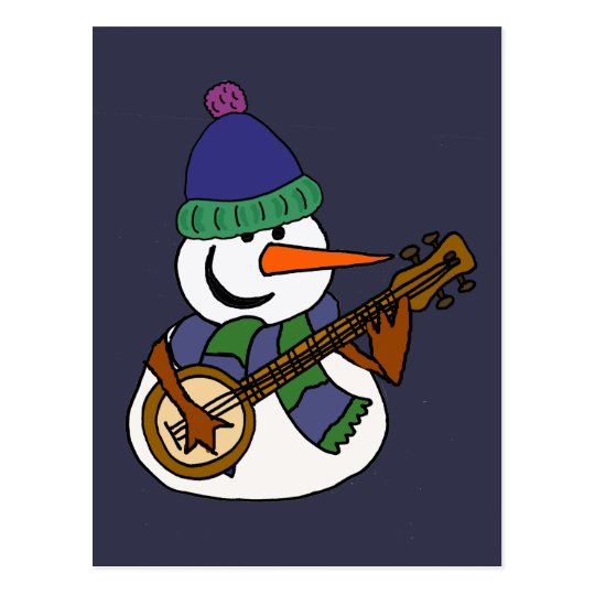 Lustiger Schneemann, der Banjo-Grafik spielt Postkarte