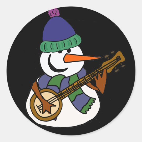 Lustiger Schneemann, der Banjo-Grafik spielt Runder Aufkleber