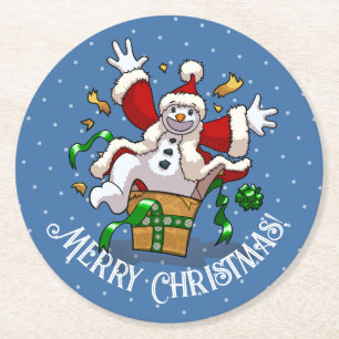 Lustiger Schneemann Frohe Weihnachten Überraschung Runder Pappuntersetzer