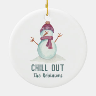 Lustiger Schneemann Weihnachten Familienfoto Keramik Ornament