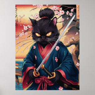 Lustiger schwarzer Katze Samurai Poster