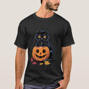 Lustiger schwarzer Katzen-Halloween-Kostüm-Kürbis T-Shirt