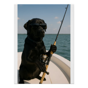 Lustiger schwarzer Labradorhund beim Angeln Poster