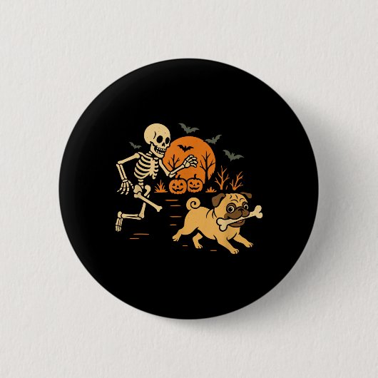 Lustiger Skeleton jagt Pug Halloween-Kostüm Hund Button (Vorderseite)