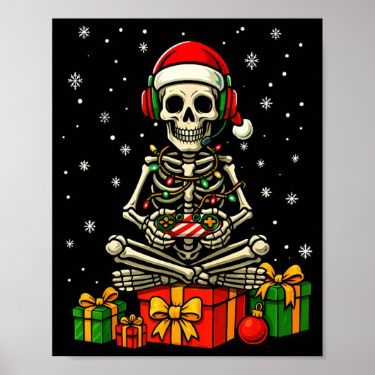 Lustiger Skelett-Spielcontroller Weihnachtslichter Poster (Vorne)