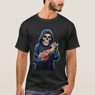 Lustiger Skelett spielt mit einer Katze Grafik-Sch T-Shirt