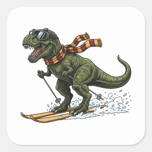 Lustiger Skifahrender T-Rex Quadratischer Aufkleber (Vorderseite)