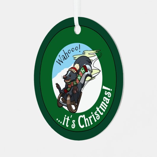 Lustiger Skunk Auf Einem Schlitten Es Ist Weihnach Ornament Aus Metall (Vorderseite links)