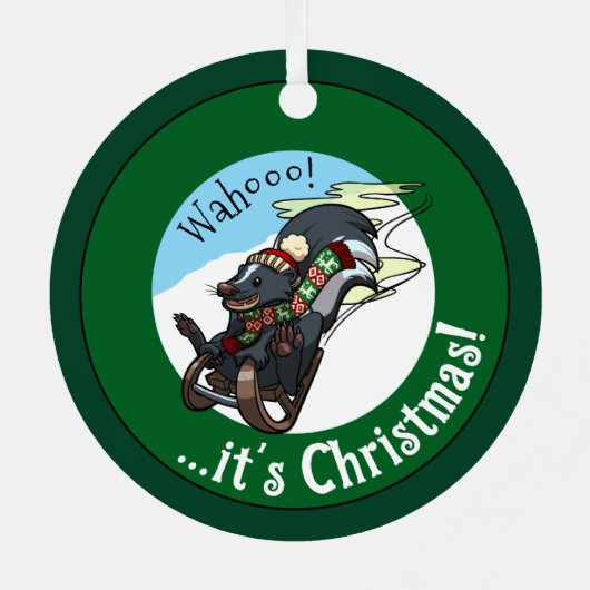 Lustiger Skunk Auf Einem Schlitten Es Ist Weihnach Ornament Aus Metall (Rückseite)