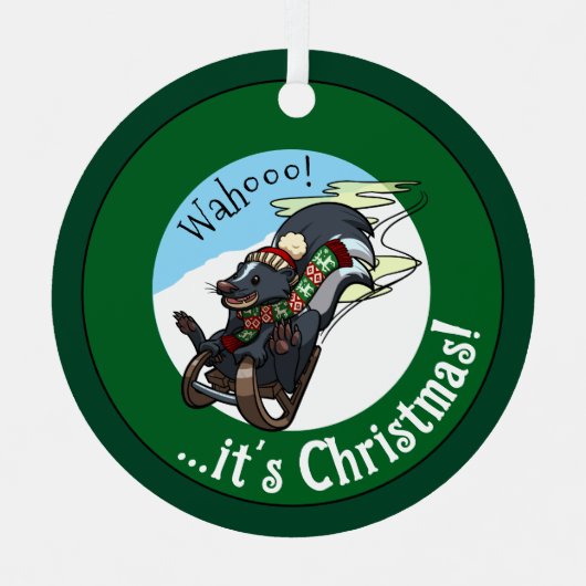 Lustiger Skunk Auf Einem Schlitten Es Ist Weihnach Ornament Aus Metall (Vorderseite)