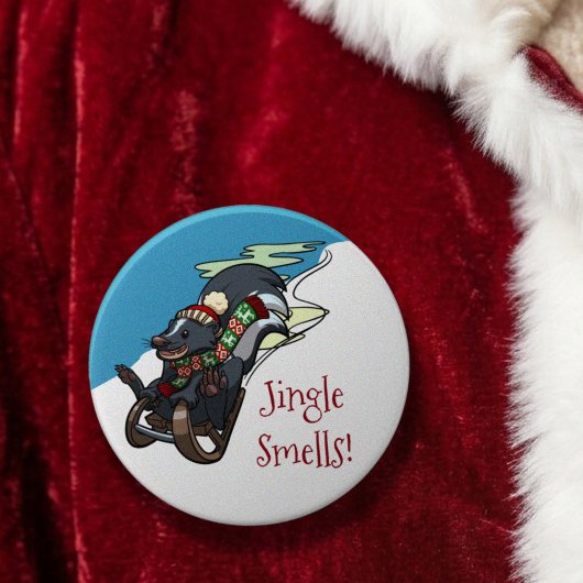 Lustiger Skunk auf Schlitten als Weihnachtsstrumpf Button