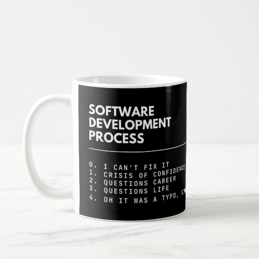Lustiger Softwareentwicklungsprozess Programmierer Kaffeetasse (Links)
