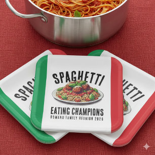 Lustiger Spaghetti-Ess-Champion Familienzusammenku Pappteller