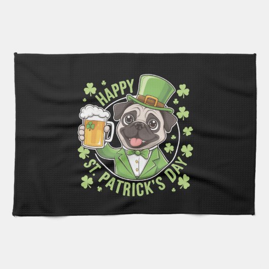 Lustiger St. Patrick's Day Mops mit Bierkrug Geschirrtuch (Horizontal)