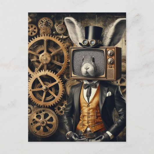 Lustiger Steampunk-Hase mit TV-Kopf Postkarte (Vorderseite)