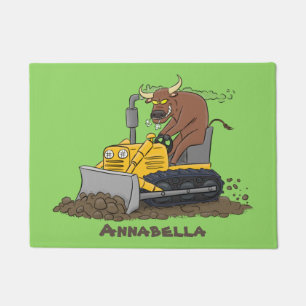Lustiger Stier fährt Bulldozer Cartoon Fußmatte