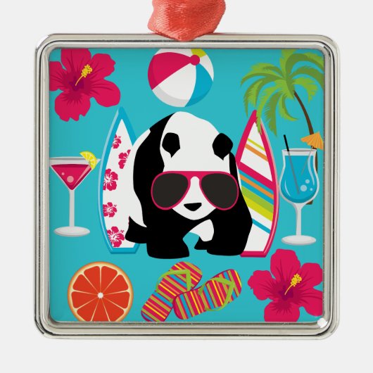 Lustiger surfende Panda-Bärn-Strand-Gammler-coole Silbernes Ornament (Vorne)