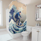 Lustiger Surfer, der auf die Hokusai große Welle Duschvorhang (Beispiel)