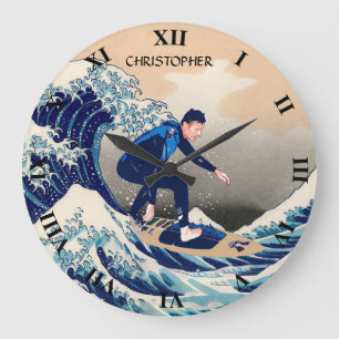 Lustiger Surfer, der auf die Hokusai große Welle Wanduhr