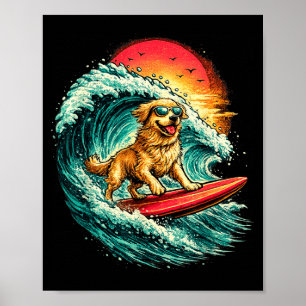 Lustiger Surfhund Golden Retriever Strand Wellen Poster