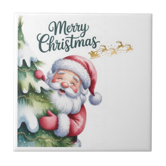 Lustiger süßer Weihnachtsmann mit Baum und Typogra Fliese (Vorderseite)