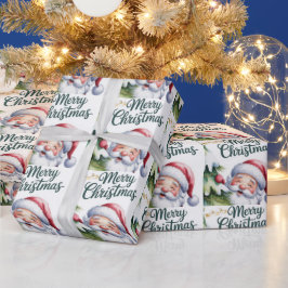 Lustiger süßer Weihnachtsmann mit Baum und Typogra Geschenkpapier