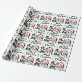 Lustiger süßer Weihnachtsmann mit Baum und Typogra Geschenkpapier
