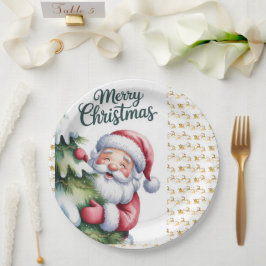 Lustiger süßer Weihnachtsmann mit Baum und Typogra Pappteller