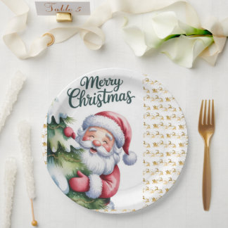 Lustiger süßer Weihnachtsmann mit Baum und Typogra Pappteller
