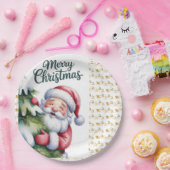 Lustiger süßer Weihnachtsmann mit Baum und Typogra Pappteller (Party)