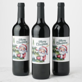 Lustiger süßer Weihnachtsmann mit Baum und Typogra Weinetikett
