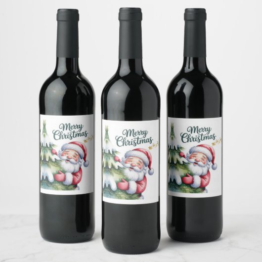 Lustiger süßer Weihnachtsmann mit Baum und Typogra Weinetikett (Flaschen)
