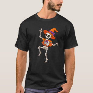 Lustiger tanzender Skelett mit orangefarbenem Hexe T-Shirt