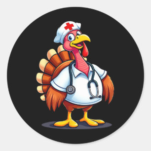 Lustiger Truthahn Krankenpfleger Cartoon Thanksgiv Runder Aufkleber
