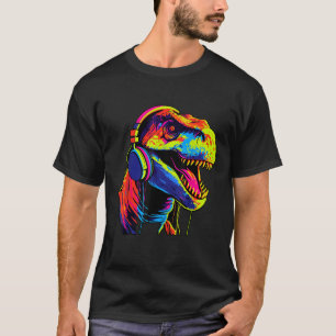 Lustiger Tyrannosaurus Rex mit Kopfhörern Bunt T-Shirt