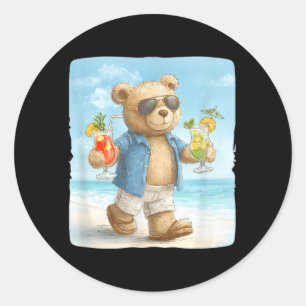 Lustiger Urlaub-Teddybär mit Cocktails und Strand Runder Aufkleber