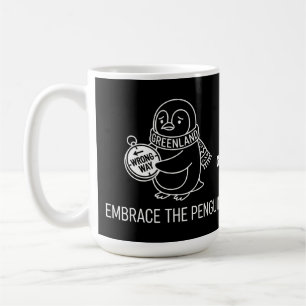 Lustiger verlorener Grönland-Pinguin umarmt die fa Kaffeetasse