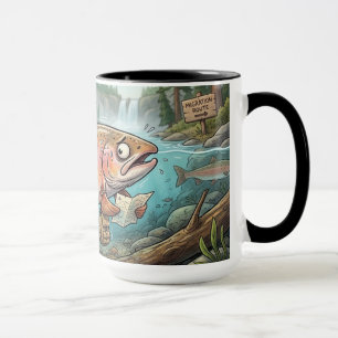 Lustiger verlorener Lachs Fischwanderung Kaffeebec Tasse