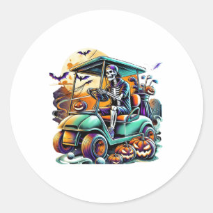 Lustiger Vintage-Halloween-Skelett-Golfwagen-Golfe Runder Aufkleber