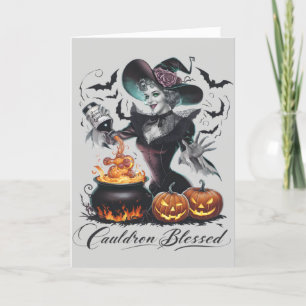 Lustiger Vintage-Kessel Gesegnete Hexe Halloween Feiertagskarte