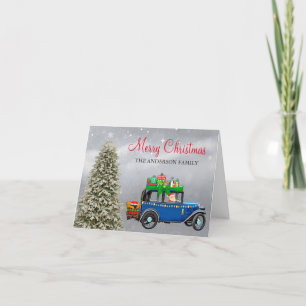 Lustiger Vintage weißer Weihnachtsbaum Santa Auto Feiertagskarte