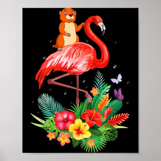 Lustiger Waldmurmeltier, das auf Flamingo-Blumen r Poster (Vorne)