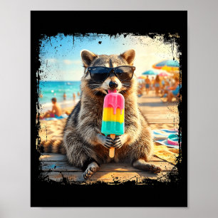 Lustiger Waschbär, der Eis am Stiel isst, Sommer-T Poster