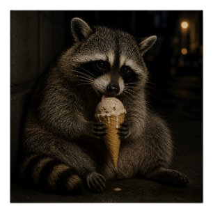 Lustiger Waschbär, der Eiscreme isst Poster