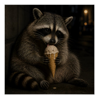 Lustiger Waschbär, der Eiscreme isst Poster