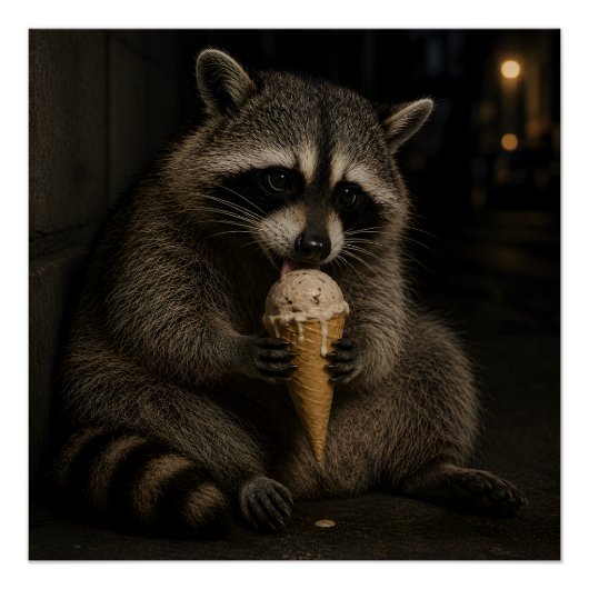 Lustiger Waschbär, der Eiscreme isst Poster (Vorderseite)